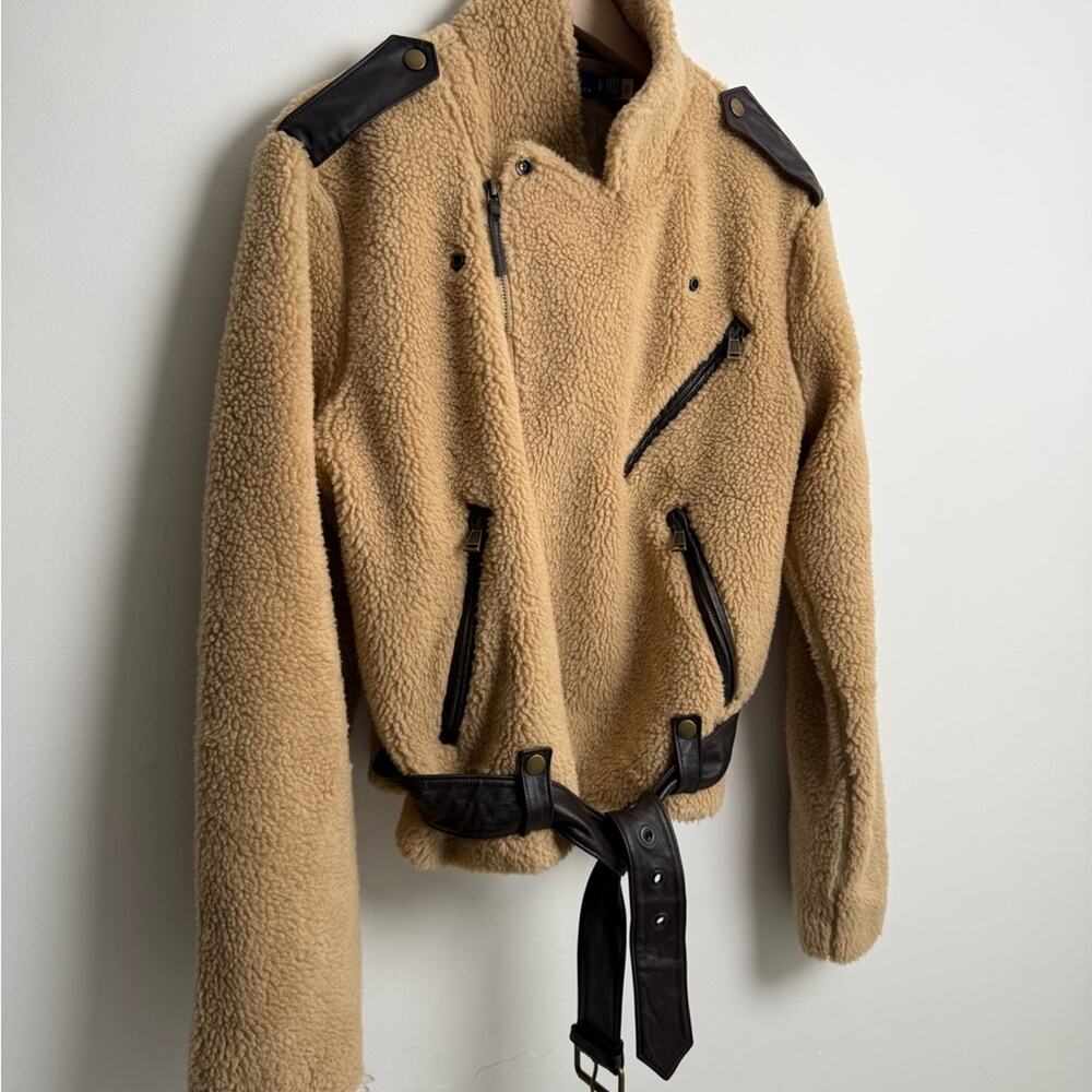 Polo Ralph Lauren Tan Sherpa moto belted Jacket cropped brown leather - Picture 3 of 10